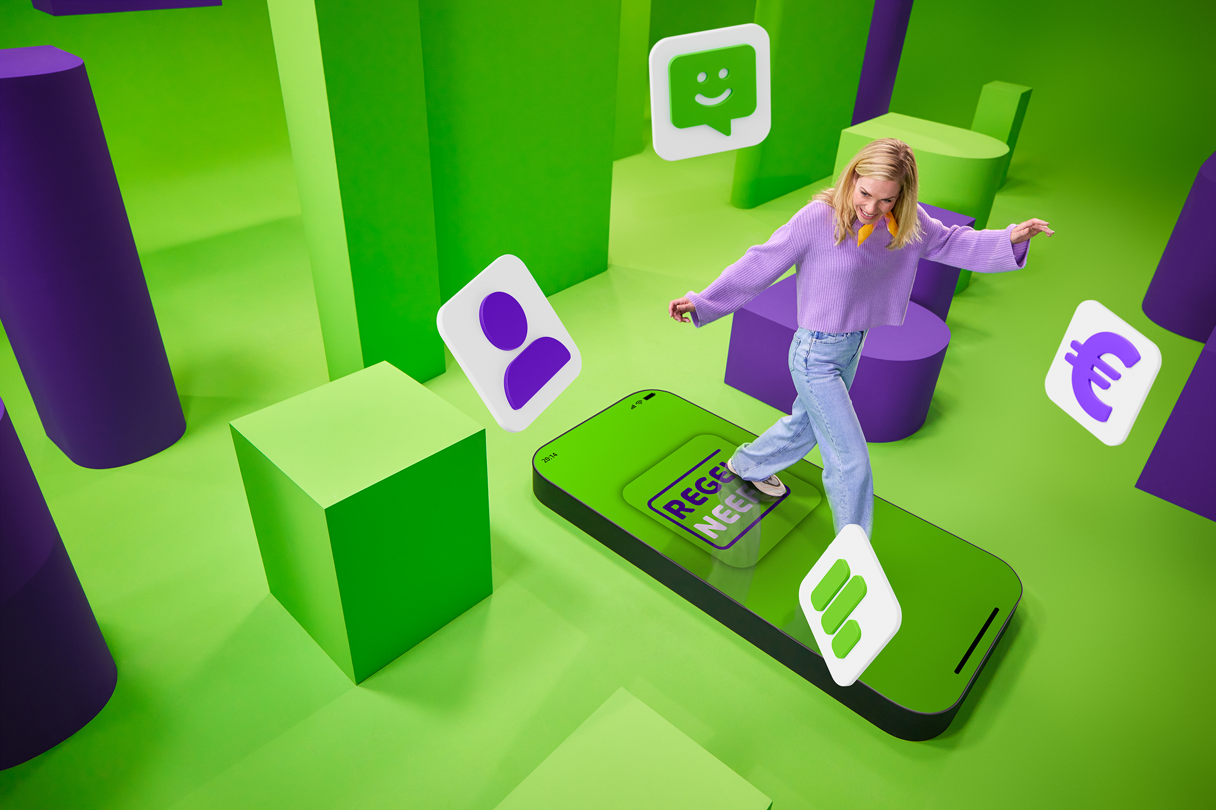 Vrouw danst op telefoon met icoontjes