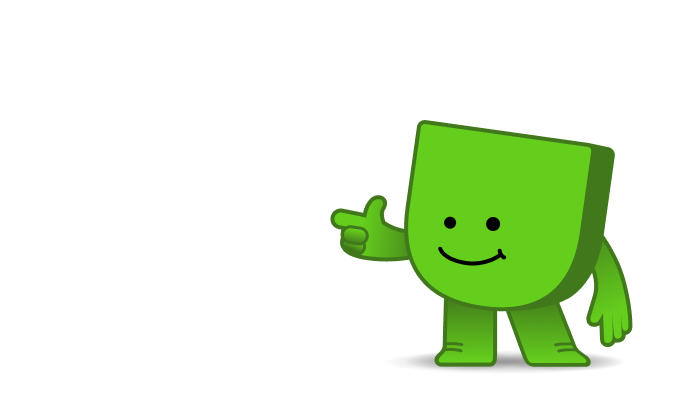 Energiedirect mascotte Edje wijst naar links.