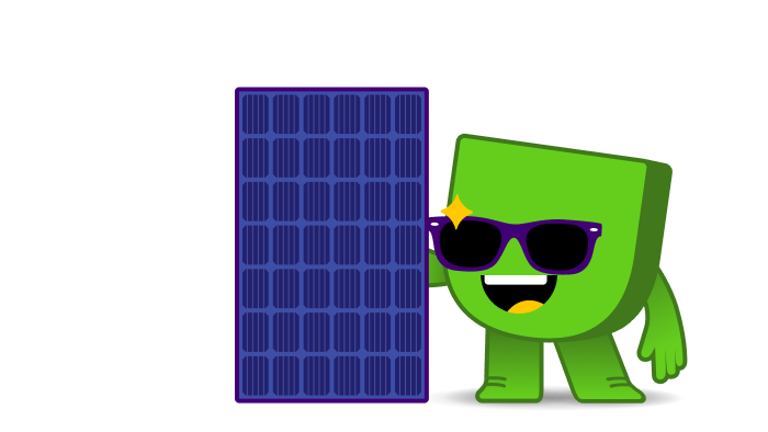 Mascotte Edje heeft een zonnebril op en een zonnepaneel vast.