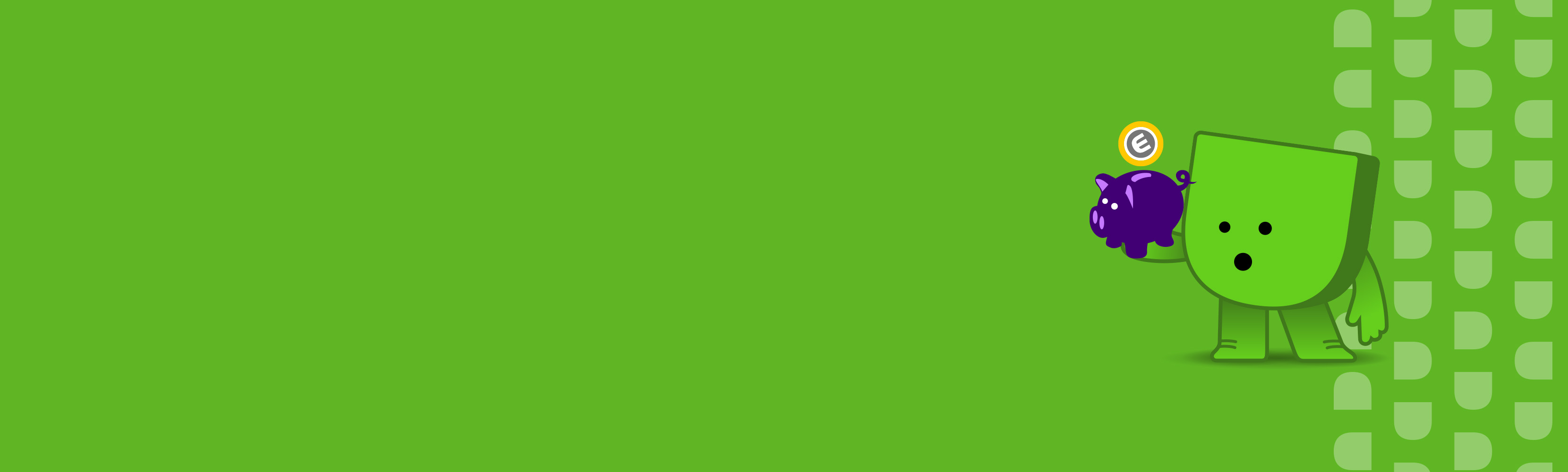 Banner Energiedirect met groene mascotte die paarse spaarpot vasthoudt