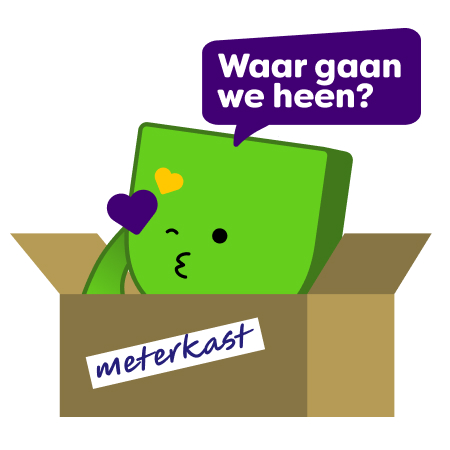 Mascotte Edje zit in een verhuisdoos en blaast een kusje.
