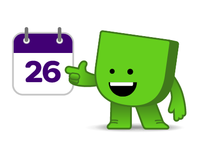 Edje, de mascotte van Energiedirect, wijst naar een kalender