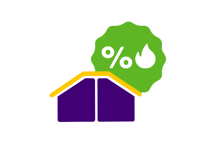 Icoon van een huis met en icoon van een procentteken en vlammetje erboven.