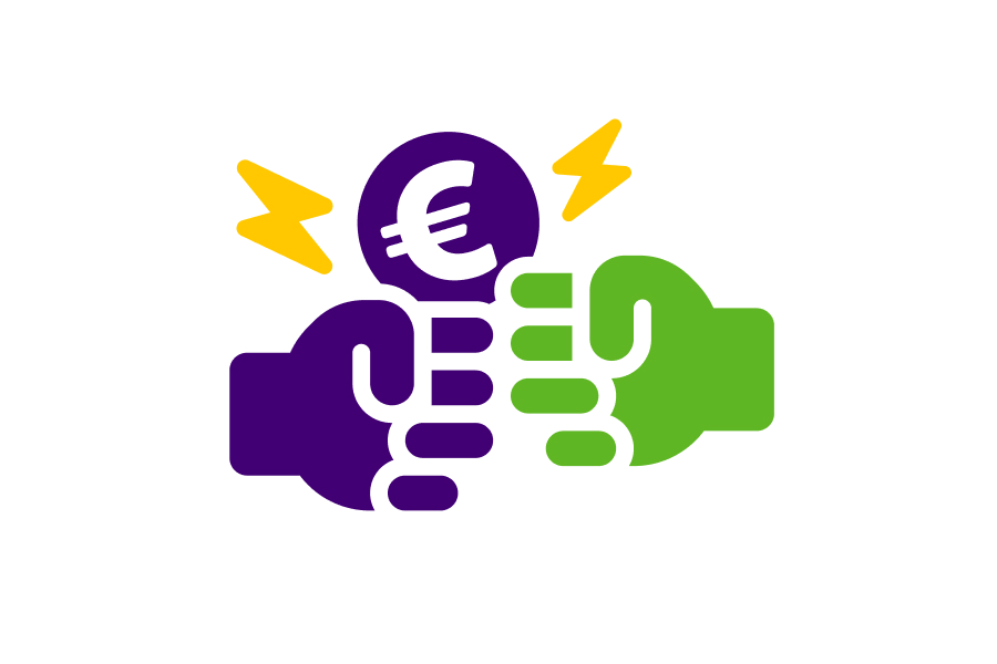 Icoon van twee vuisten die elkaar aantikken met een euroteken erboven.
