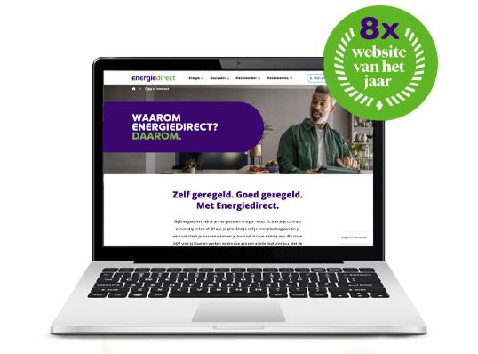 Een laptop met Energiedirect.nl, met een stempel met de tekst: 8 keer website van het jaar