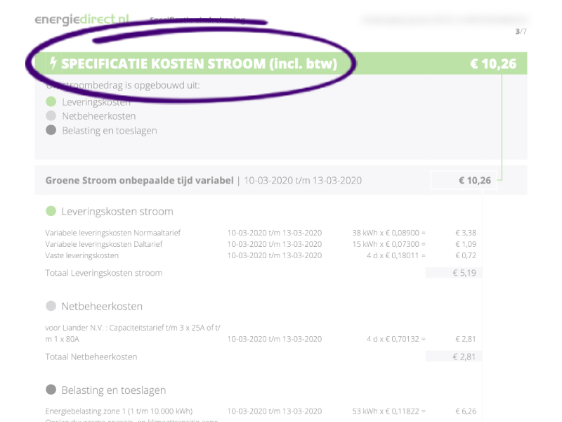 Pagina van een eindrekening met de kosten van stroom