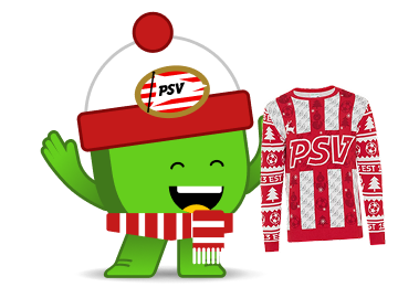 Edje met een kerstmuts houd de PSV kersttrui 2025 vast.