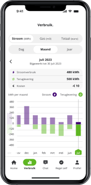 Overzichtsscherm uit de energiedirect app.