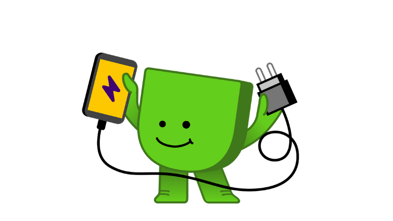 EDje-mascotte-energiedirect-met-telefoon-en-lader-in-handen