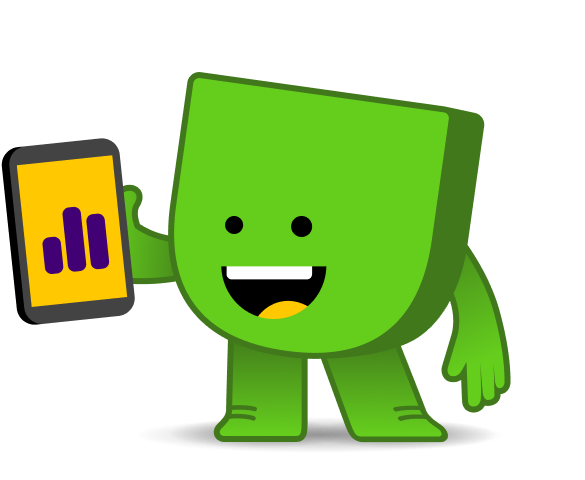 Energiedirect mascotte Edje lacht en houdt telefoon omhoog.