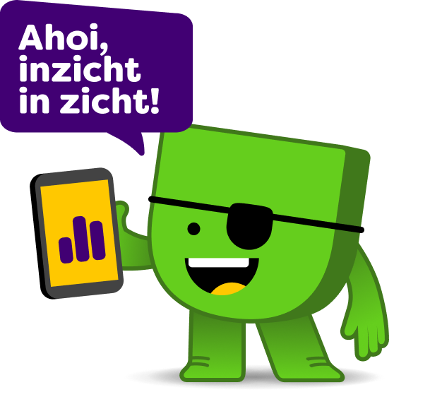 Energiedirect mascotte Edje heeft een ooglapje voor, houdt een telefoon in de lucht en zegt 'Ahoi, inzicht in zicht!'.