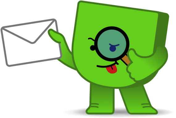 Energiedirect mascotte Edje kijkt door een vergrootglas naar een enveloppe.