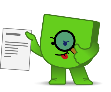 Energiedirect mascotte Edje kijkt door vergrootglas naar formulier.