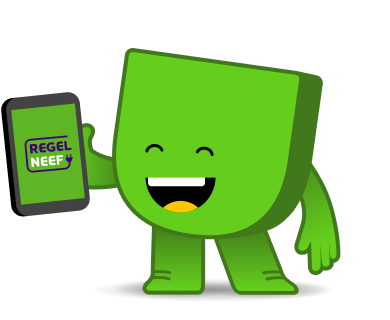 Energiedirect mascotte Edje lacht en houdt een telefoon vast.