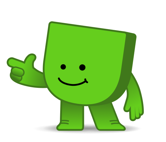 Energiedirect mascotte Edje wijst naar links.