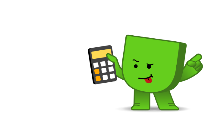 Edje, de mascotte van Energiedirect, heeft een rekenmachine in zijn hand en kijkt wijs