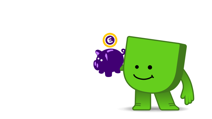 Energiedirect mascotte Edje houdt een spaarvarken vast.